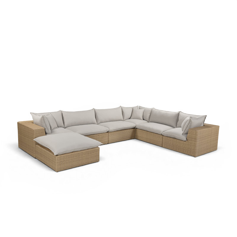 Grand canapé modulaire d'extérieur Cali en tissu gris clair et osier brun