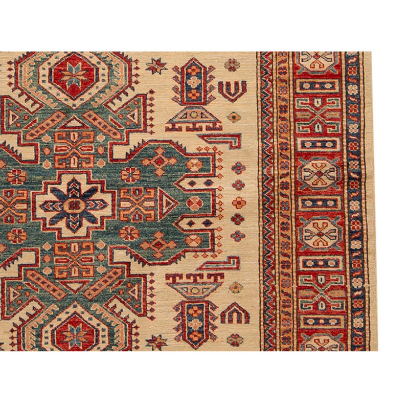 Tapis beige / rouge / vert en laine noué à la main de conception unique 4 pi 9 po x 6 pi 8 po