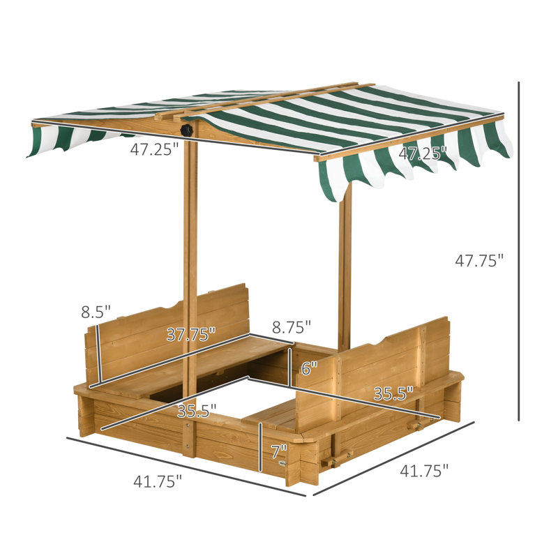 Bac à sable carré en bois massif avec couvercle Outsunny 41,75 po x 47,75 po, Brun