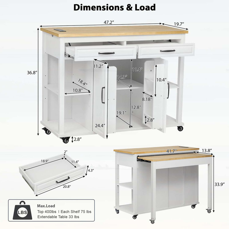 Îlot de cuisine extensible avec table de salle à manger, support de rangement interne et prise de courant, pour les petits espaces et une utilisation multifonctionnelle