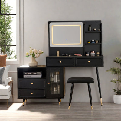 Retractable Makeup Vanity Desk With Mirror And Lights, 2 Drawers, Storage Shelves, Adjustable Cabinet, Power Outlet And A Stool