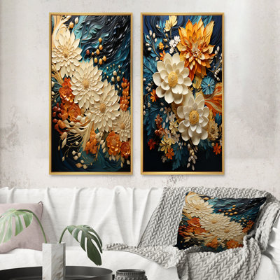 Orange Teal Botanical Whirlwind II - Abstract Wall Art Set Of 2 Modern Wall Art For Home Decor