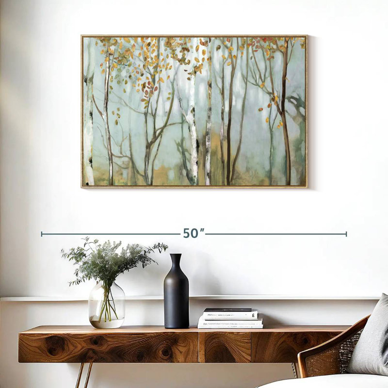 Bouleau dans le brouillard II, Cadre flottant en bois naturel, 37 po x 25 po