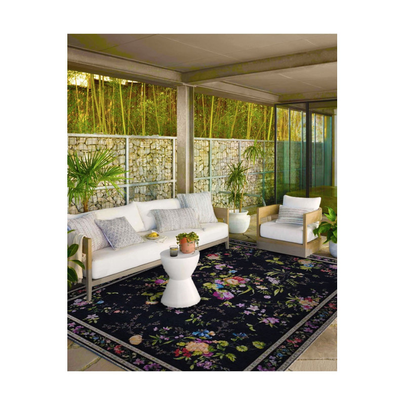 Tapis noir lavable à motif botanique, Rectangle 3'3" x 4'11" Rug Pad Included