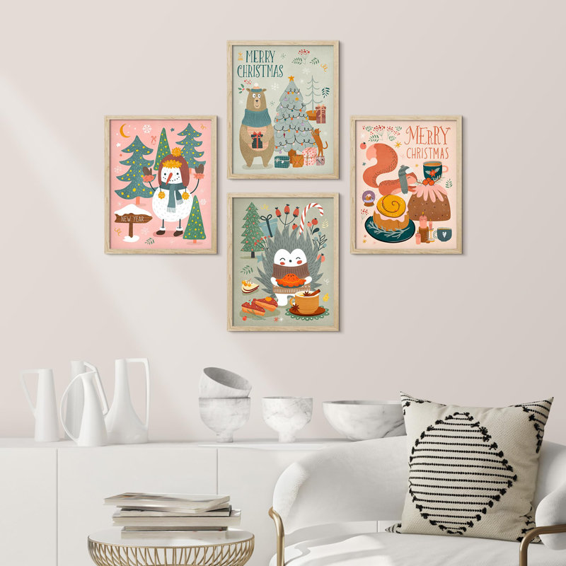 «Christmas Decor Season Snowman Tree Squirrel», impression sur papier 4 pièces, H 14 po x l 11 po, Naturel