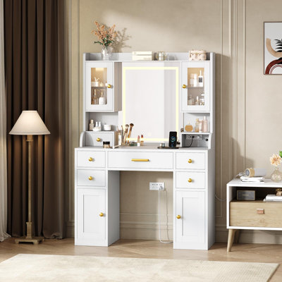 Meuble-lavabo blanc avec station de charge et miroir DEL, grande coiffeuse blanche et dorée, 3 modes d'éclairage, 6 tiroirs, armoire et tablettes