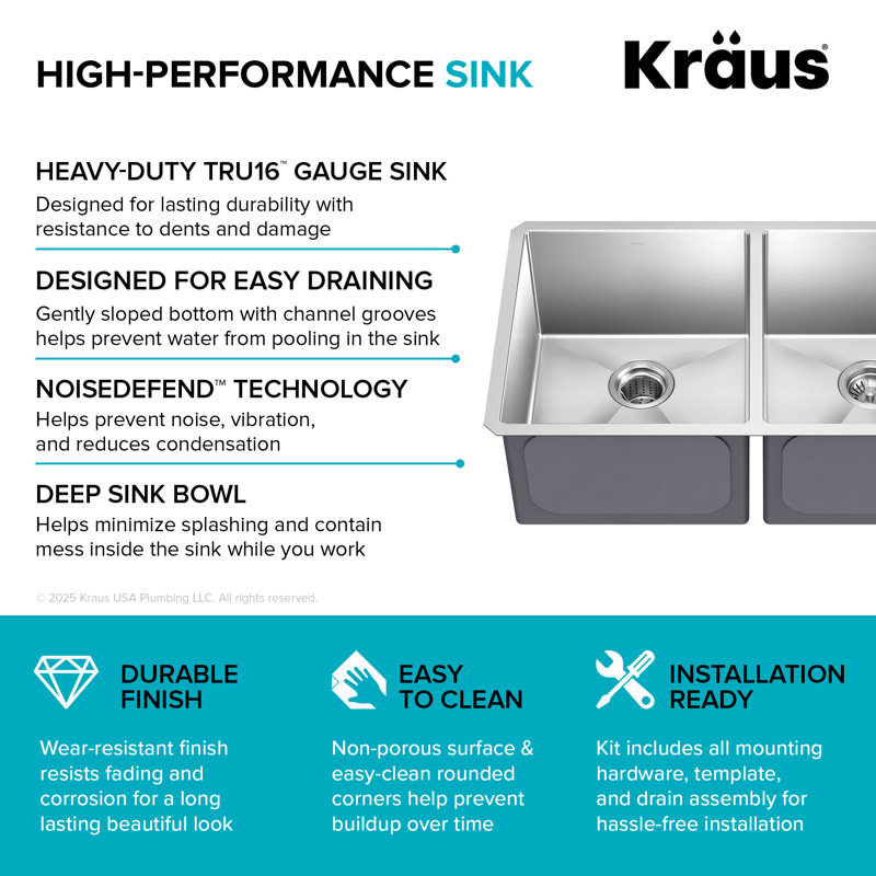 KRAUS Standart Pro Undermount 16 Gauge Stainless Steel Bar Kitchen Sink, 10"H x 19"W x 32.75"L, Double Equal Bowl