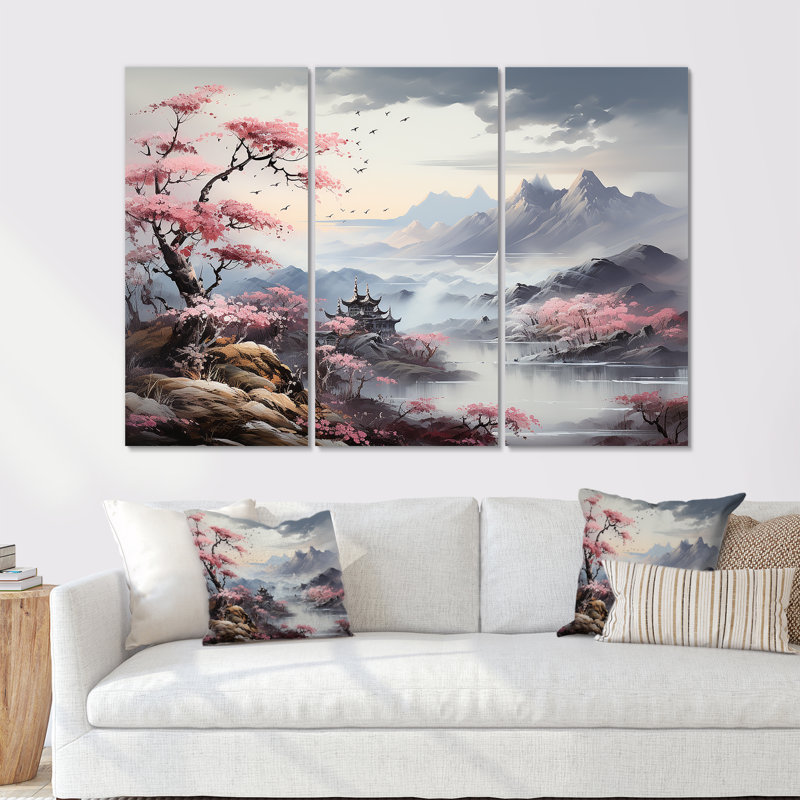 Paysage de rivière Japon en automne - ensemble d'art sur toile Fleurs, Toile tendue, H 28 po x l 36 po x P 1 po