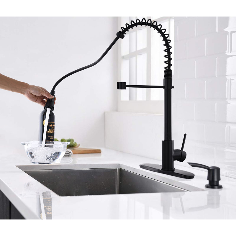 Robinet de cuisine à ressort à poignée simple avec accessoires, Avec distributeur de savon, Noir