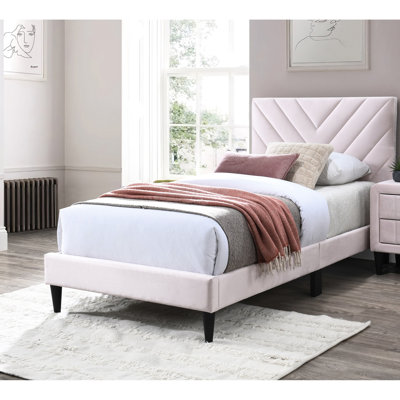 Twin Size Bed With Pink Adjustable Velvet Headboard, 12 - Slat System, And Modern Bedroom Style Support, Contemporary