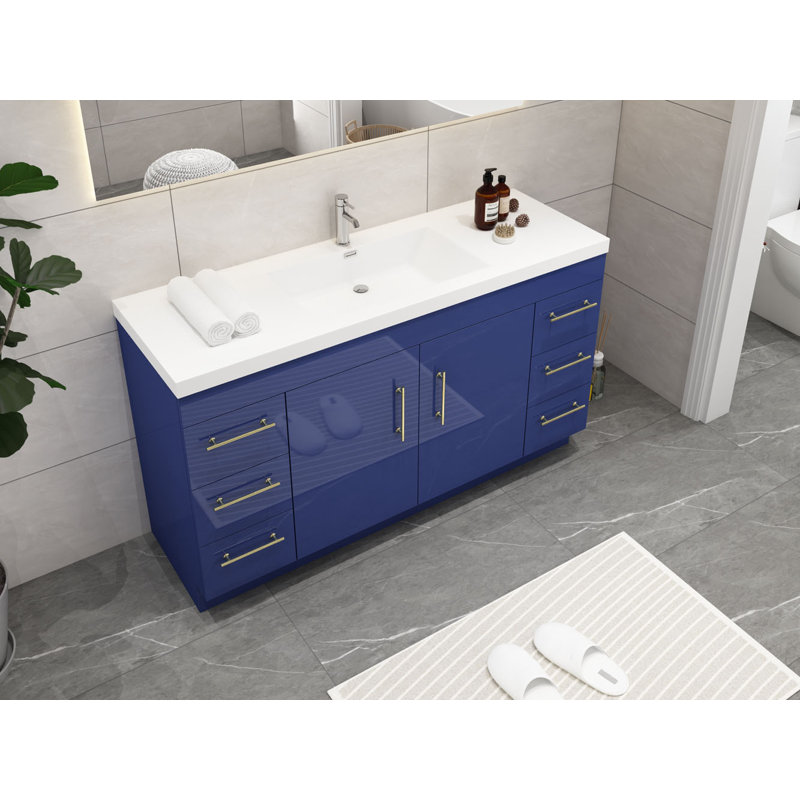 Ensemble de meuble-lavabo simple 59 po Carliss, Bleu nuit brillant, Argenté