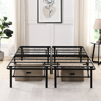Cadre de lit pliant pour grand lit plateforme en métal de 14 po de hauteur, lattes en acier robuste, remplacement du sommier, assemblage facile, rangement inférieur, pliage noir, silencieux, sans ressort,