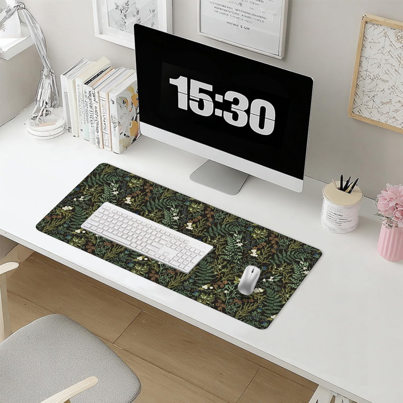 Tapis de souris grand format vert foncé à motif de plantes (80 x 40 cm), style campagnard botanique vintage avec feuilles de fougère vertes, pour souris sans fil, ordinateur portable et accessoires de bureau.