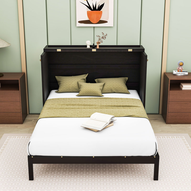 Lit escamotable double en bois avec grands tiroirs