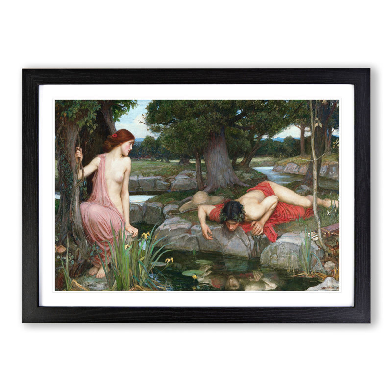 Echo and Narcissus by John William Waterhouse - Picture Frame Painting on MDF, 27cm H x 36cm W x 2cm D, Black Framed