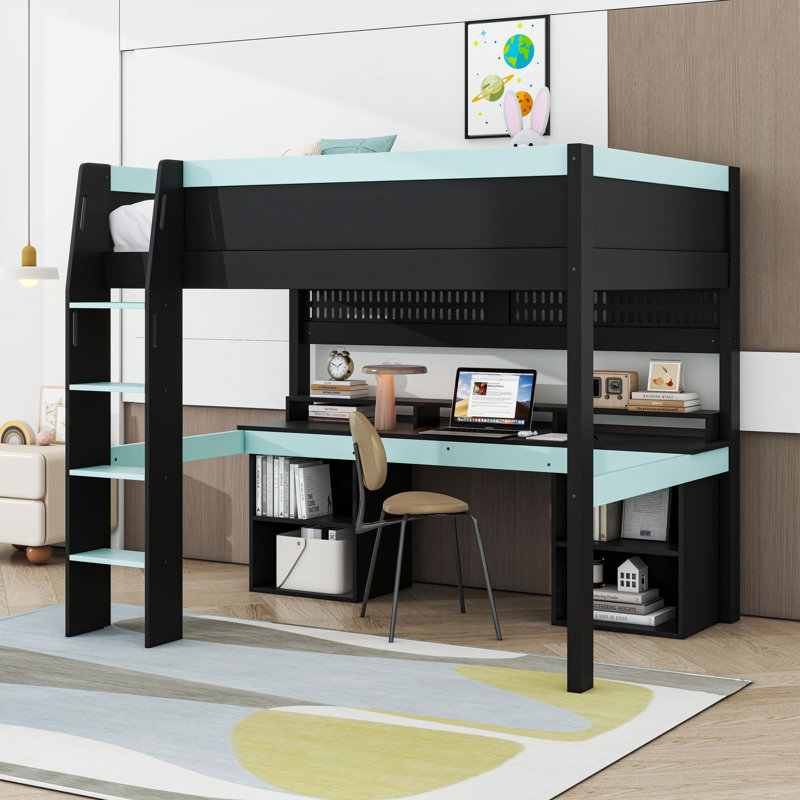 Full Wooden Loft Bed with Built-in-Desk, Storage Shelves, Pegboard and Multicolor LED Lights, Noir-bleu