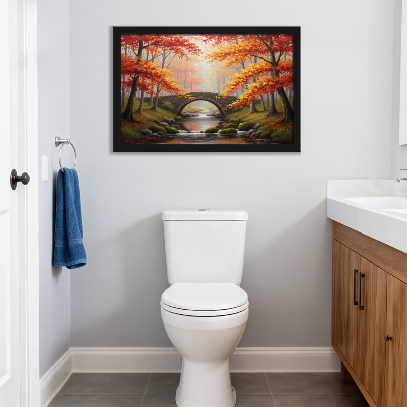 Plantes et fleurs, automne, forêt, pont, ruisseau, arbres, feuilles, paysage coloré, H 20 po x l 30 po, Toile tendue