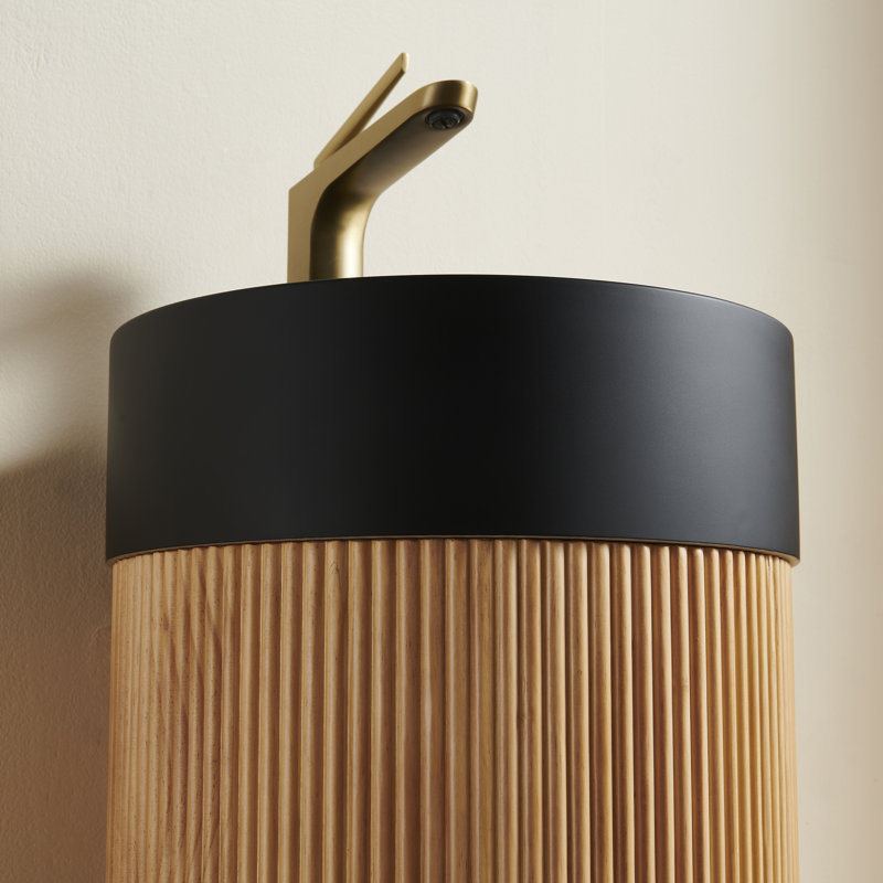 Meuble-lavabo cylindrique autoportant de 16 po, armoire à colonne cannelée en bois massif avec vasque ronde à surface solide, meuble-lavabo à piédestal scandinave moderne pour petite salle de bain, 2 options de finition de lavabo et 2 de finition bois, robinet et drain non inclus