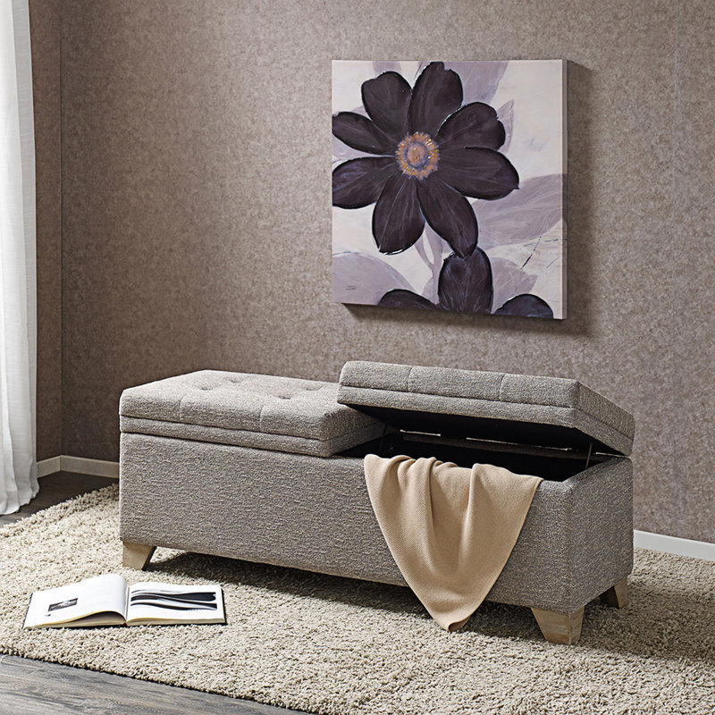 Gray Upholstered Storage Bench with Button-Tufted Top