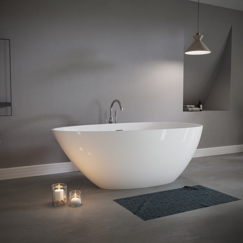 Baignoire autoportante de 59 po avec bonde escamotable, blanc brillant, résine de pierre, conception intérieure confortable, baignoire de trempage à surface solide facile d'entretien, excellente isolation thermique haute résistance, spacieuse