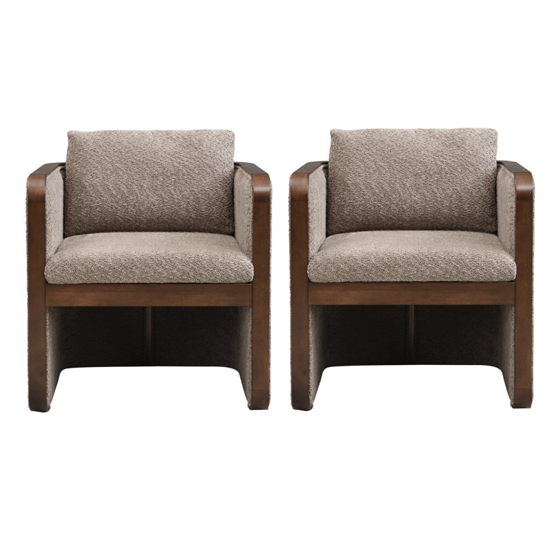 Calder Mid-Century Modern Upholstered Dining Armchairs With Solid Wood Frame, Boucle Taupe/Walnut