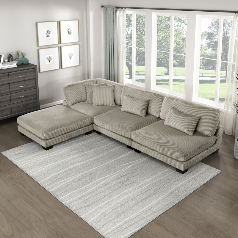 Lintz 135" Modern Modular Sectional with Corduroy Fabric, Adjustable Backrest & 4 Pillows, Taupe Corduroy