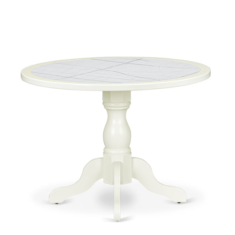 A Round Dining Table with Veined Marble Pattern tabletop, Linen White Finish, Linen White