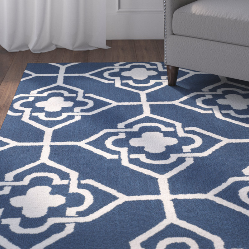 Tapis ivoire / bleu marine crocheté à la main Barbaraa, Rectangle 8 pi x 10 pi