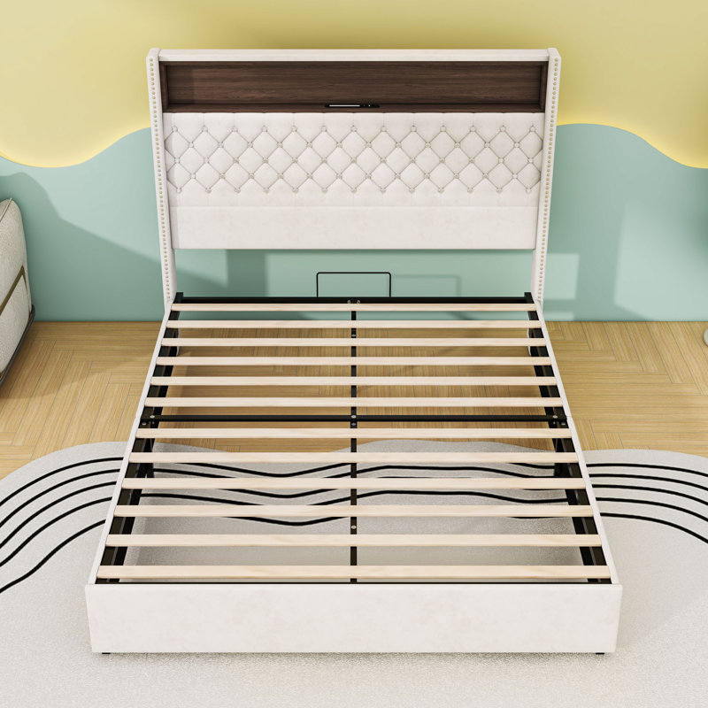 Lit capitonné en velours avec port de charge USB, veilleuse et rangement, Beige, Grand lit
