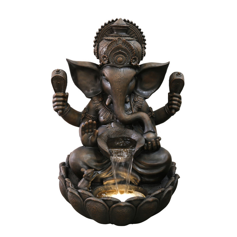 35In Resin Ganesha Sculptural Fountain with Warm White LED Light