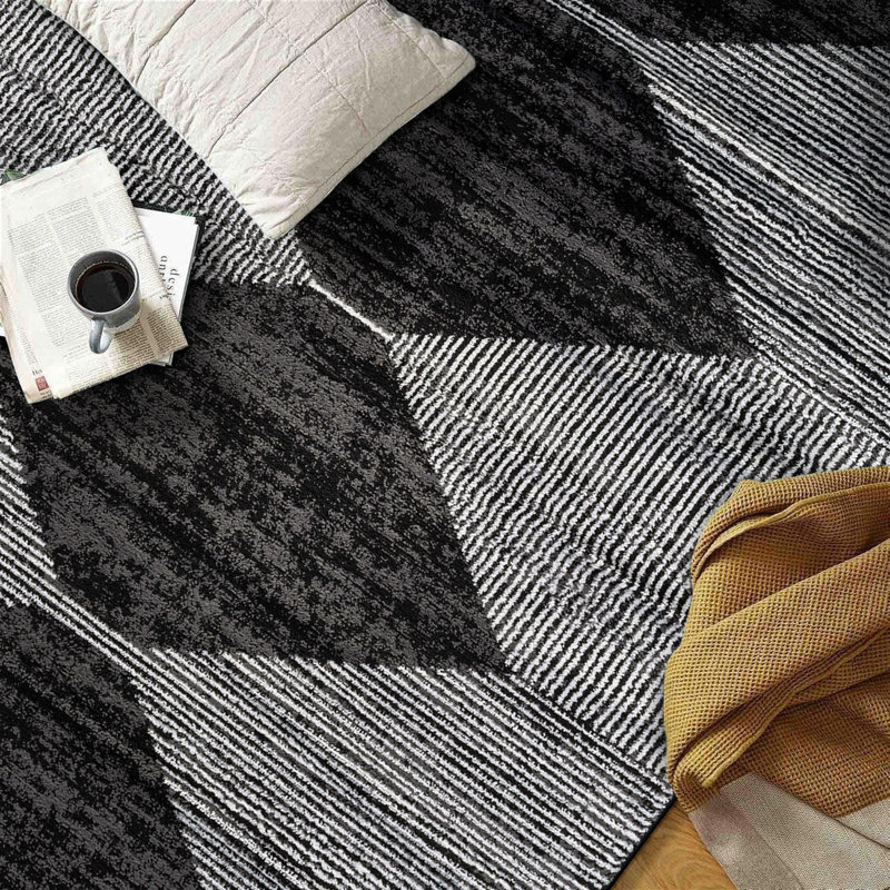 Tapis noir à rayures géométriques ivoire, Rectangle 4 pi x 6 pi