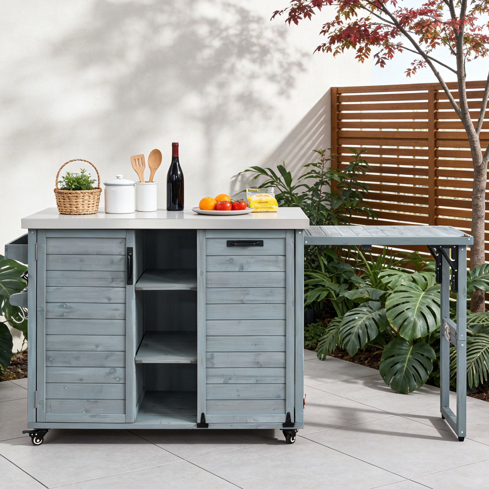 Latitude Run® 78.3in Outdoor Kitchen Island with Foldable Table and ...