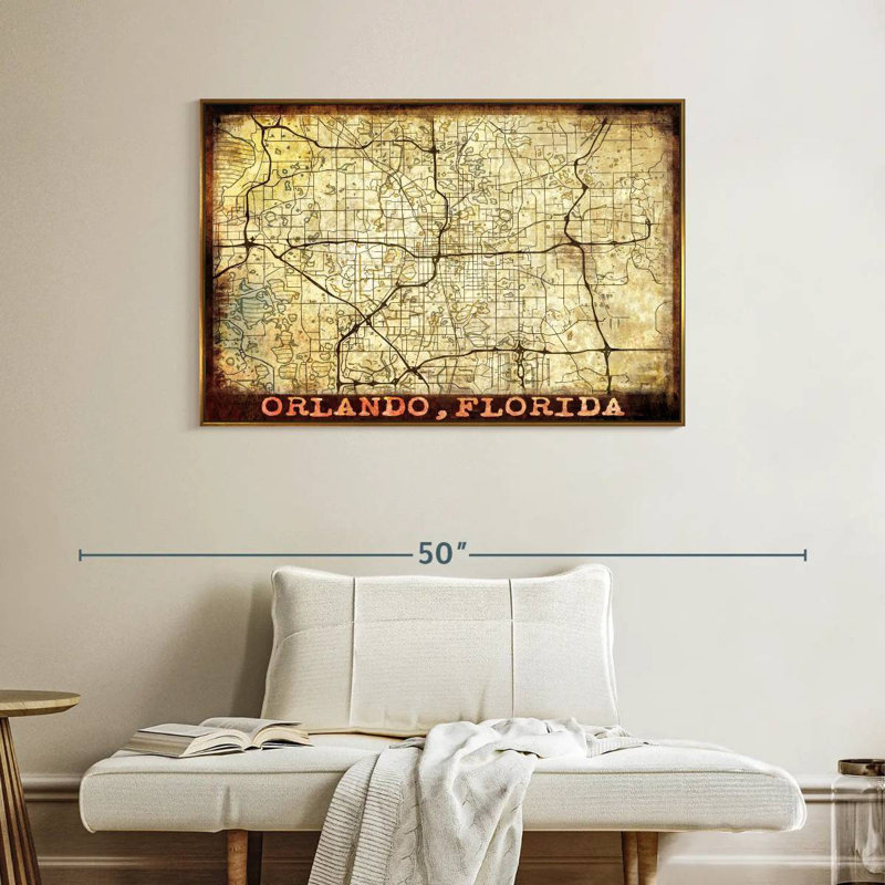 Rétro carte de la ville de Orlando, Cadre flottant doré, 40 po x 27 po