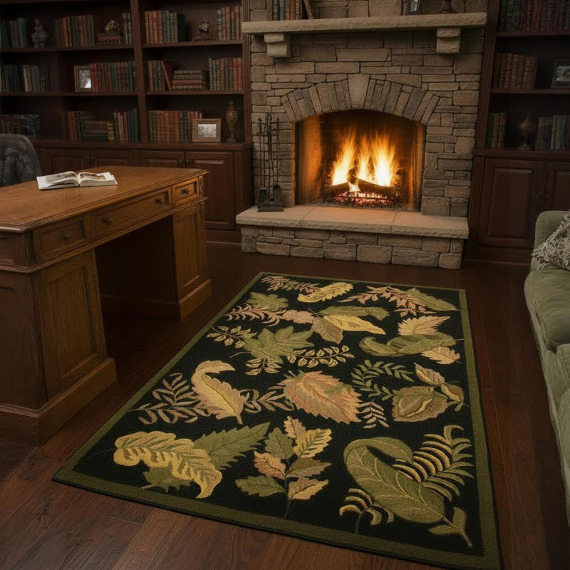 Tapis en laine touffeté à la main noir, vert sauge et doré Frias Authentic, 7 pi 9 po x 10 pi 6 po
