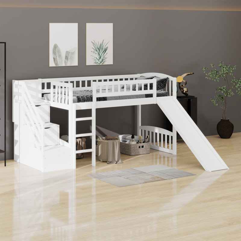 Lit mezzanine avec escalier et glissade, White
