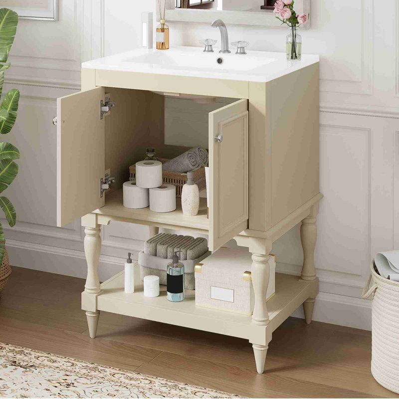 Meuble-lavabo de salle de bain avec rangement, Beige, Argent