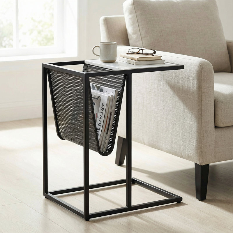 Table en C avec plateau en marbre et rangement