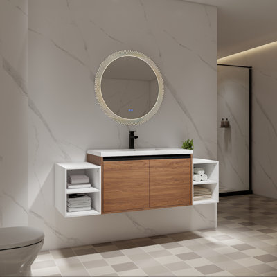 Meuble-lavabo mural avec lavabo à poser en résine, deux tablettes et portes à fermeture en douceur