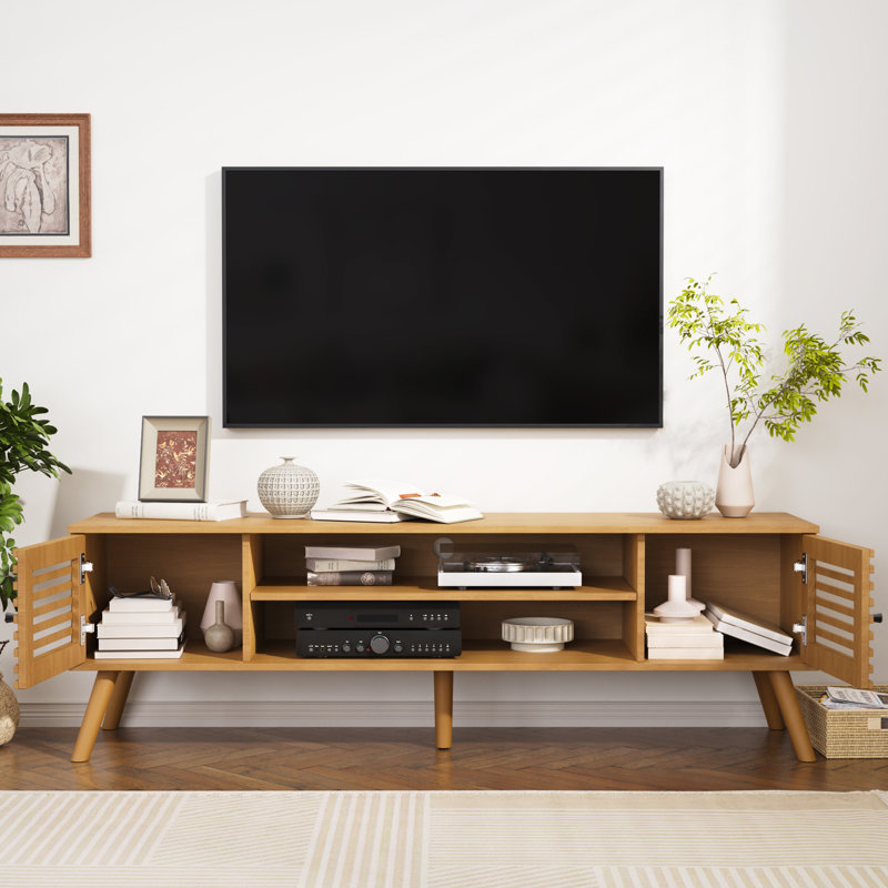 61" Mid Century Modern Tv Stand For 50/55/60/70 Inch Tv, Tv Media Console With Slatted Doors For Tvs Up To 70", Entertainment Center With Storage For Living Room, Bedroom, Oak