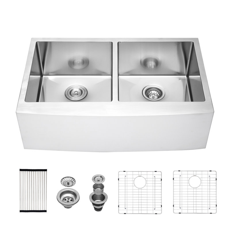 33'' Brushed Stainless Steel Double Bowl Farmhouse Kitchen Sink with Accessories