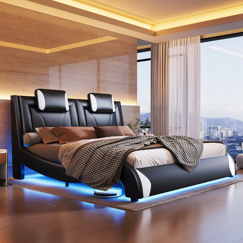 Floating Bed Frame with LED Lights, Modern Faux Leather Upholstered Platform Bed, Black, Queen