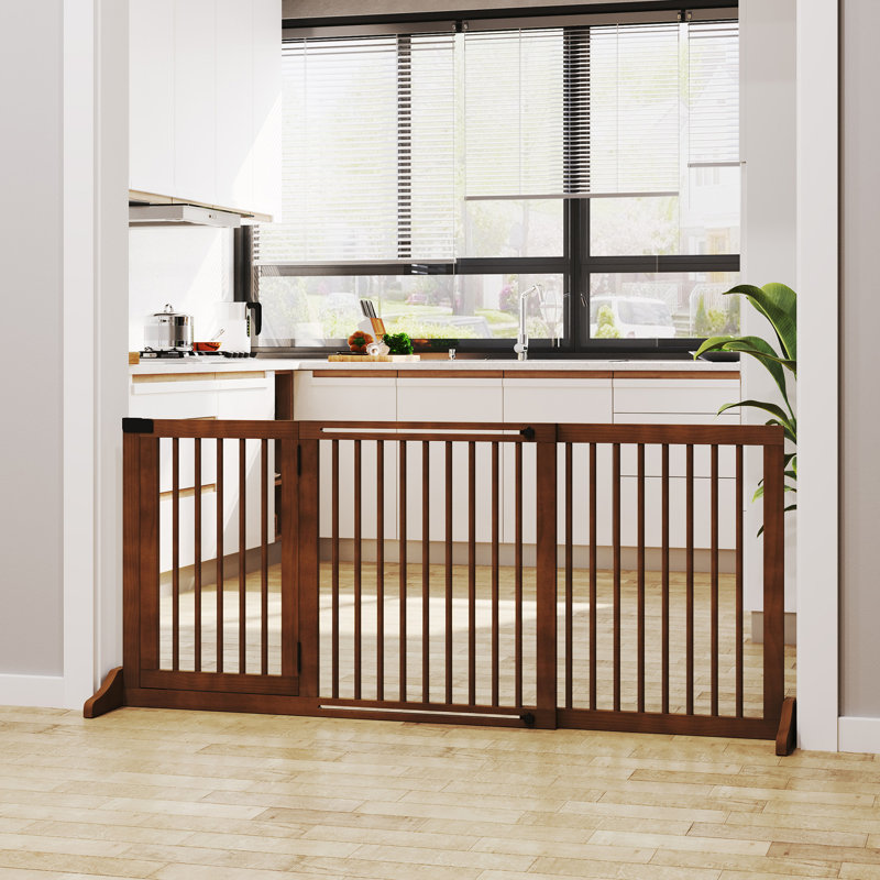 Free Standing Pet Gate With Door, Dark Wood