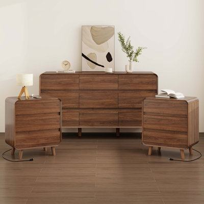 Bedroom Set, Dresser and Nightstand Set of 2, Modern Walnut Dresser and Bedside Table with 3 Drawers