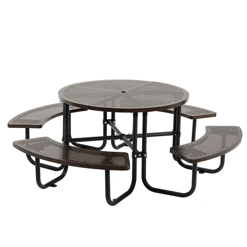 Ridenour Metal Picnic Table Dining Table with Umbrella Hole - Coated Steel Heavy Duty Commercial Grade Table, Brown