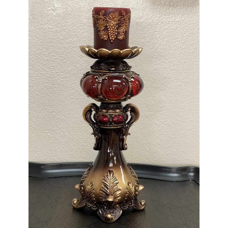 Tall Red and Brown Faux Marble Candle Holder with Candle, 16" H x 7" W x 7" D