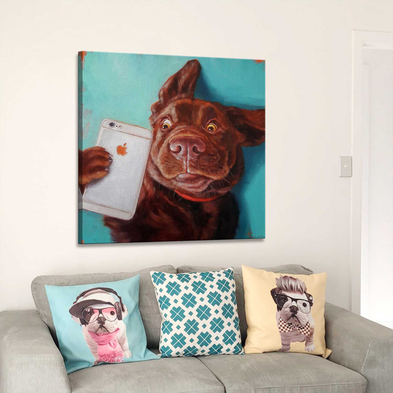 «Dog Selfie» par Lucia Heffernan - Peinture, Toile tendue, H 18 po x l 18 po x P 1 po