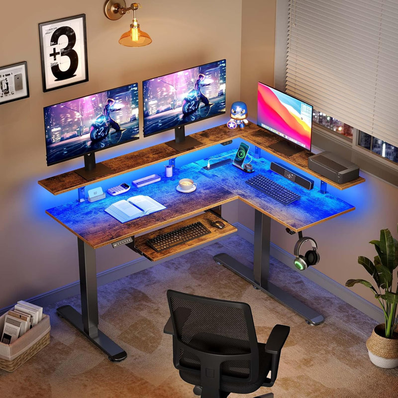 R L-Shaped Height Adjustable Standing Desk With Keyboard Tray, Right, 30.3" H x 61.2" L x 46.1" W