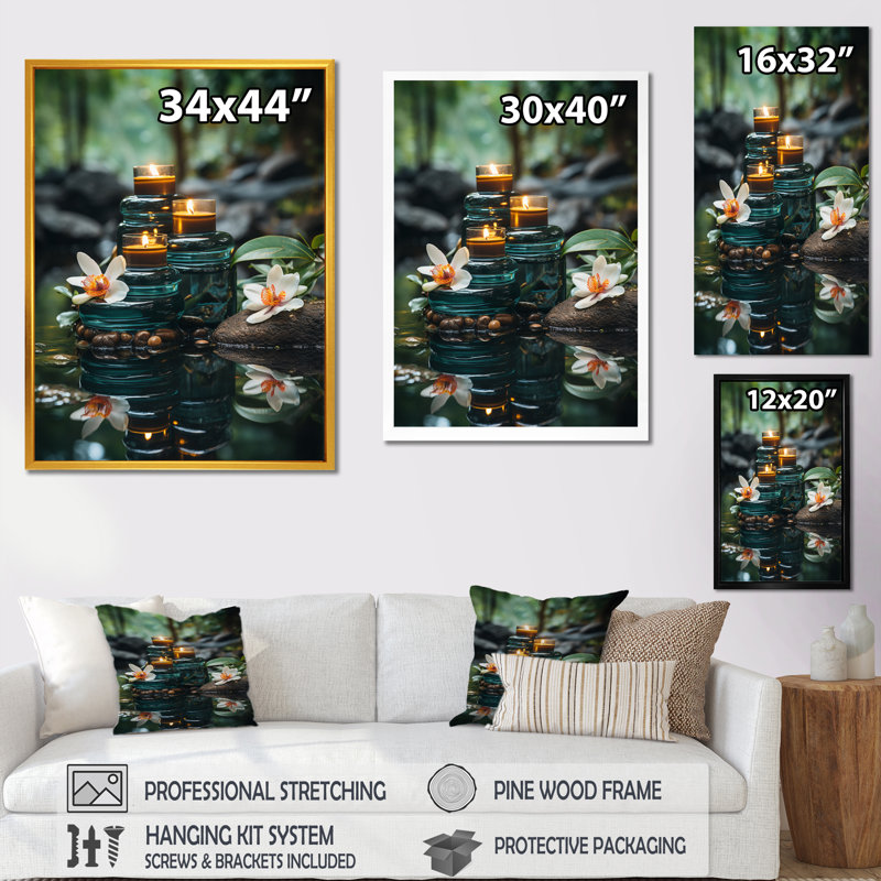 Spa zen pierres dans la rivière avec bougies I - art abstrait sur toile, H 40 po x l 30 po x P 1,5 po, Cadre flottant blanc