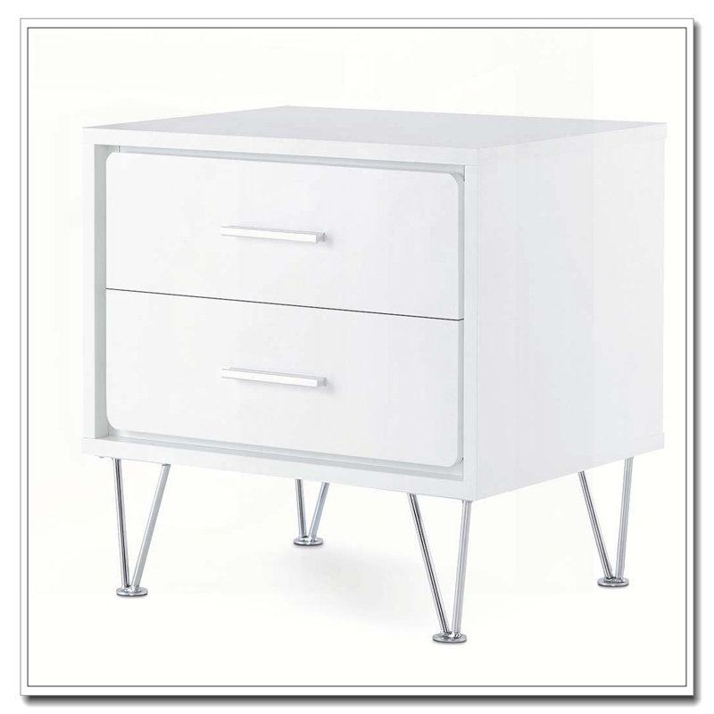 Table d'appoint blanche 2 tiroirs avec pieds en épingle à cheveux, Blanc