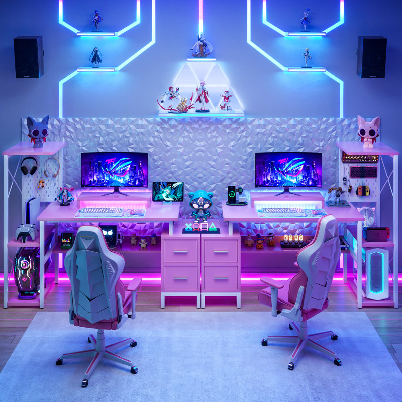Bureau réversible en forme de L avec prises de courant et tiroirs en tissu, Rose/Blanc